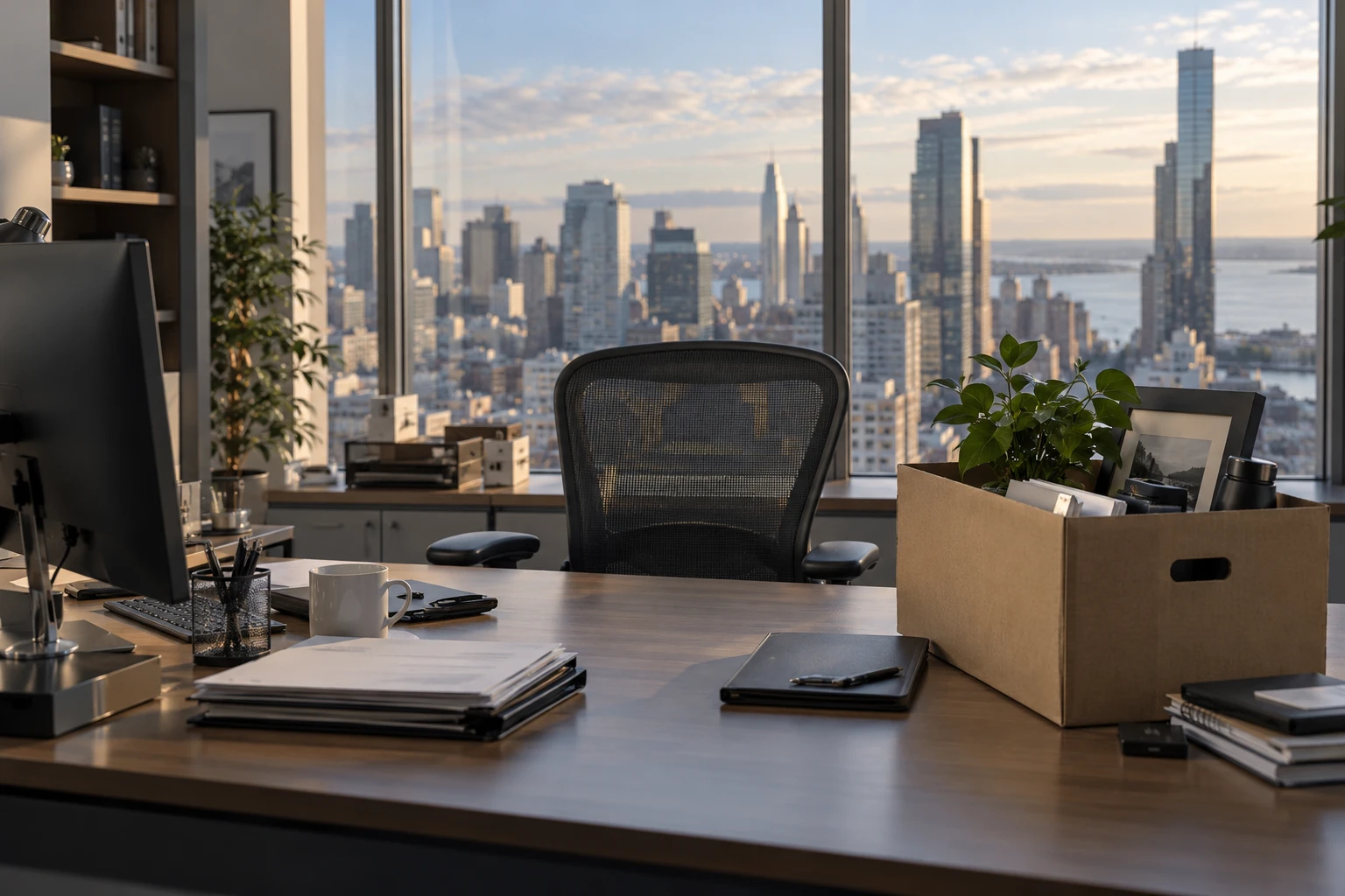A cleared desk in a high-rise office, an empty chair and a box of belongings