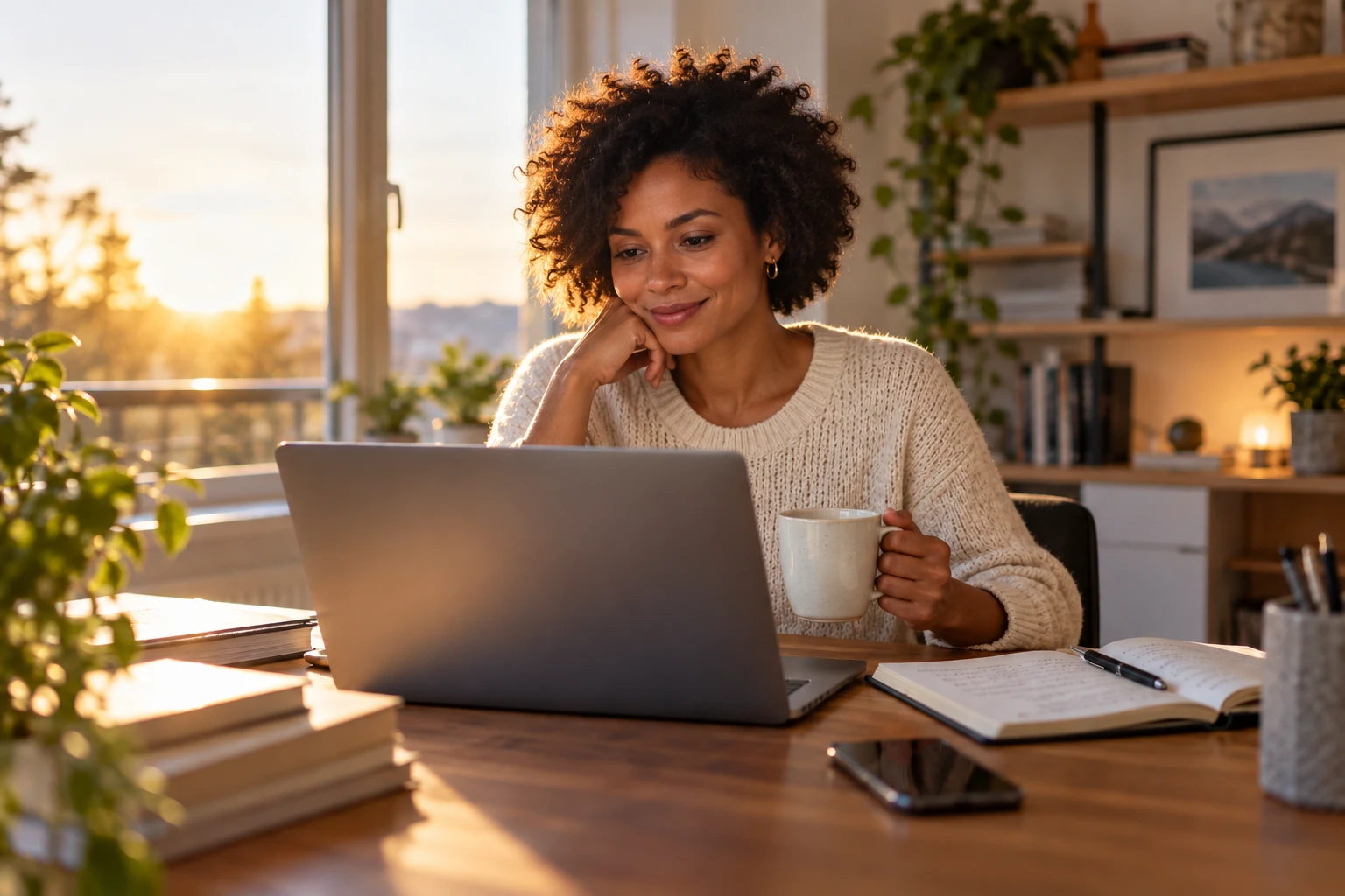 A customer success manager smiling at her laptop with a coffee, in morning light at a home desk