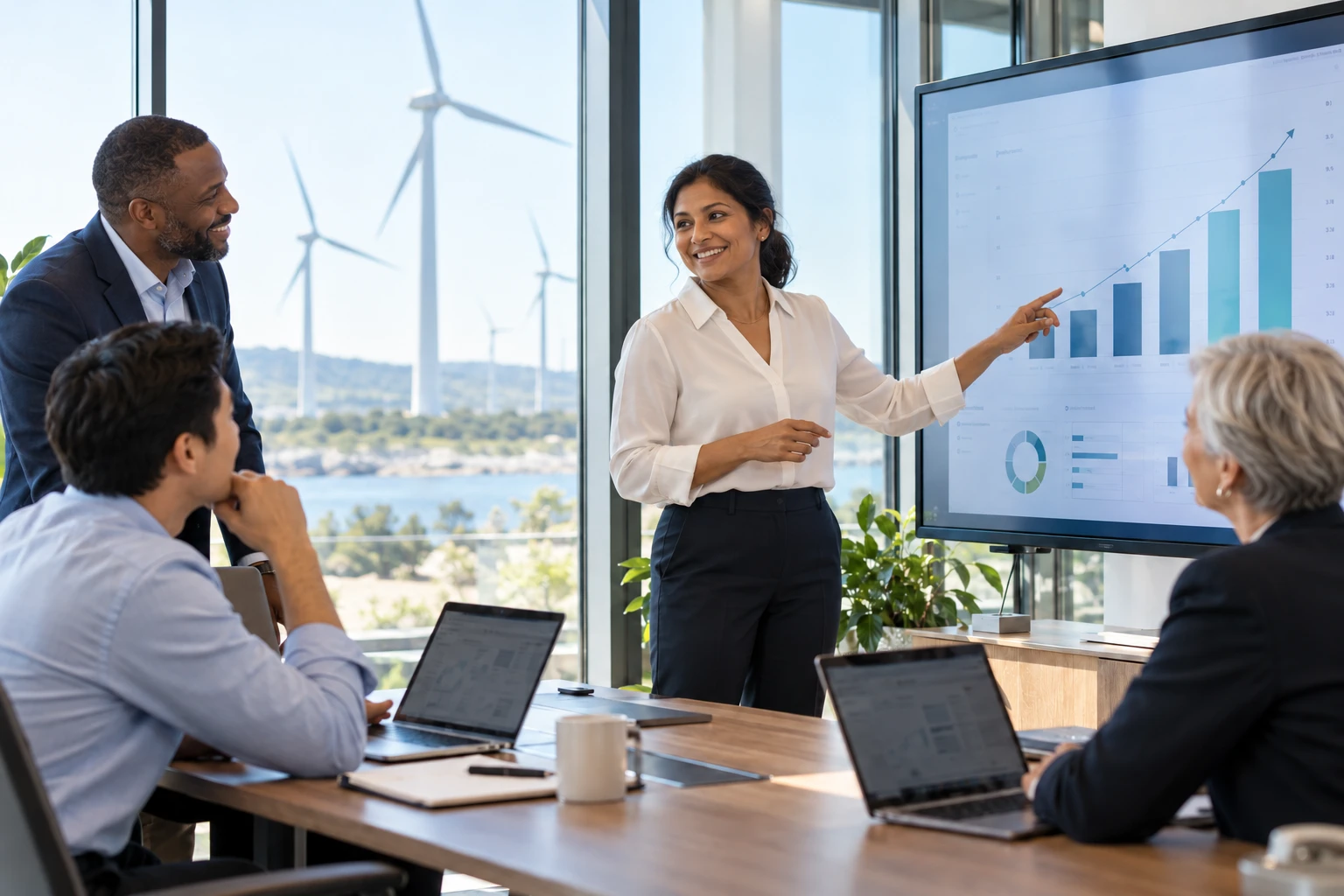 A business review in an office overlooking wind turbines, a presenter pointing at a growth chart