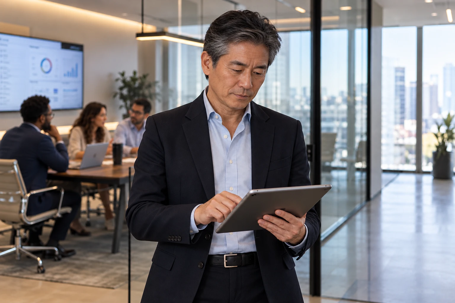 A team leader reading a tablet outside a glass meeting room where his team is working