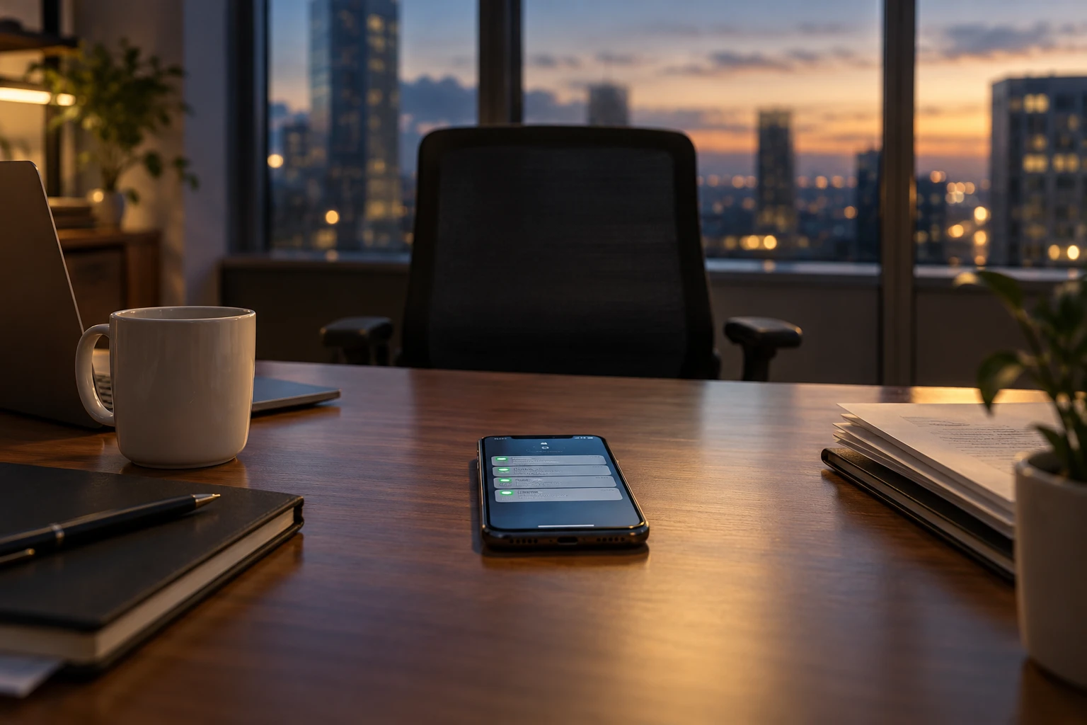 An empty office chair at dusk, a phone on the desk showing unread messages